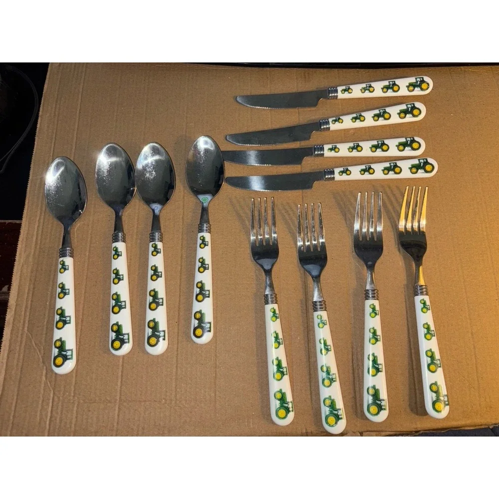 12 Pc John Deere Gibson 10 Piece Flatware & Matching 4pc Green Gibson Flatware